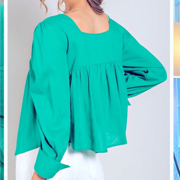 NWT Green Cropped Gathered Blouse w/ Fabric Buttons & Square Neckline, Small - Picture 3 of 8